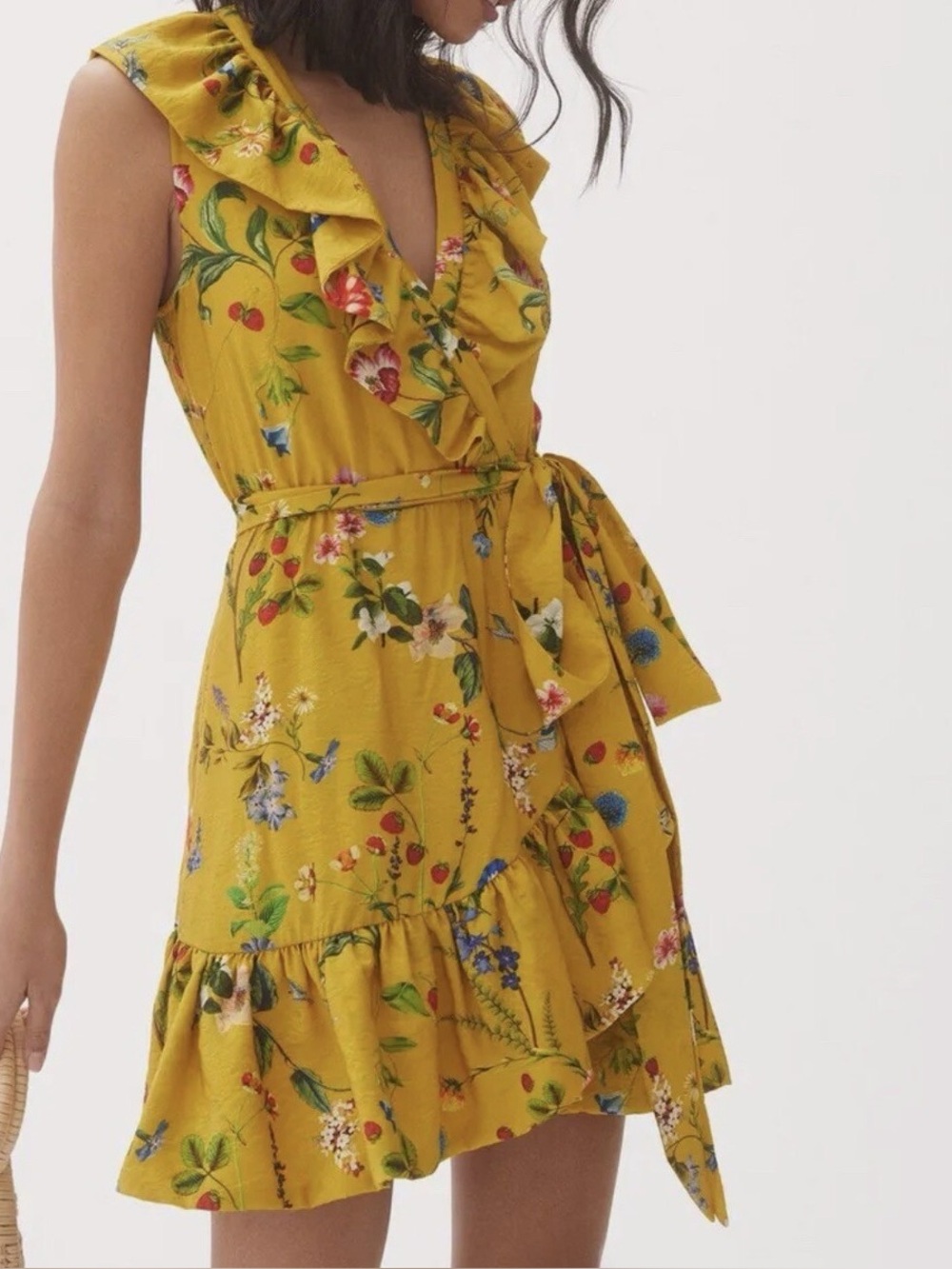 Anthropologie Maeve Yellow Floral Ruffle Faux Wrap Dress NWT XL